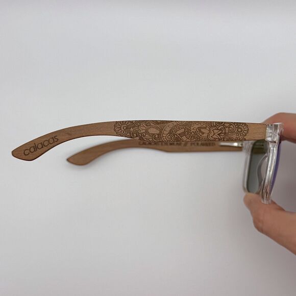 Calacas Eyewear Polarized Sunglasses Blue Lenses Clear & Wood Frame - Picture 5 of 10